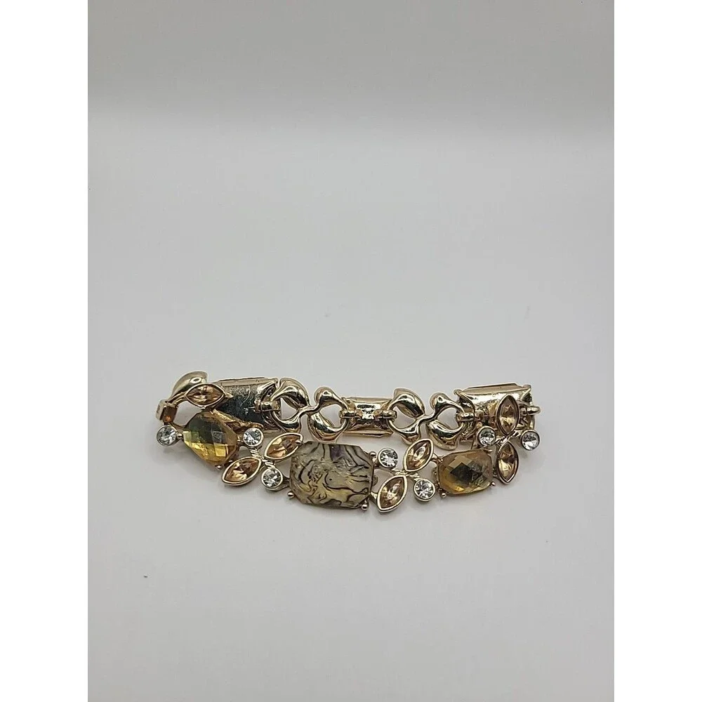 Napier Bracelet Gold Tone Amber Glass Rhinestone Link Statement Vintage Style - Picture 8 of 10